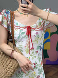 Bonnyshow  Summer Floral Dress Women Dresses Print Flowers Lace-up Female Long Dress Female Clothing