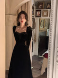 Bonnyshow  Autumn Black Velvet Midi Dress Casual Korean Fashion Elegant Party Dress Woman Long Sleeve Vintage Lace Dress Slim Design