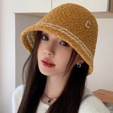 Bonnyshow Winter Lamb Fleece Bucket Hat Women Solid Color Letter Fisherman Cap Korean Wide-brim Windproof Dome Plush Hats
