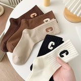 Bonnyshow 5 Pairs/Set Coffee Color Socks Women Korean Letter C Middle Tube Socks Autumn Winter Warm Cotton Female Sport Socks