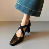 Bonnyshow  Retro Simple Cross Elastic High-heels Women Shoes Temperament Versatile Pumps Shoes Solid Color Square Head Women Shoes
