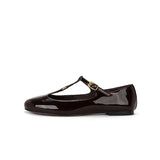 Bonnyshow  T-strap Mary Janes Shoes Women Patent Leather Elegant Black Ballet Flats Shoes Female Shiny Glossy Buckle Strap Pumps Loafers