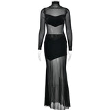 Bonnyshow Black Mesh Patchwork Maxi Dress for Women Sexy See Through Turtleneck Dresses Autumn Winter Long Sleeve Slim Evening Party Dress