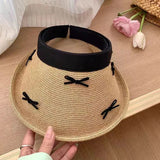 Bonnyshow Summer Bow Kont Straw Hat Woven Open-top with Large Brim Straw Hat Women's UV Sunscreen Hat for Beach Holiday Korean Y2k Cap