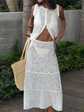 Bonnyshow  Two Piece Sets Women See Through Outifits Casual Sleeveless Print Tank Top High Waist Dress Set White Women Vacation Suit