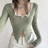 Bonnyshow Autumn Tees Women Solid Streetwear Long Sleeves Lace V-Neck Crop Top Fashion Asymmetrical Casual Bodycon T-shirt Female New