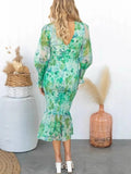 Bonnyshow  Summer Fashion New Style Women's Dress Elastic Waist Long Sleeve V-neck Printed Ruffle Edge Tight Hip Wrapping Dress