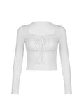 Bonnyshow Bandage Folds Square Collar Crop Top Women Fairycore y2k White T Shirts Basic Knitted Elegant Tees Vintage 2000s Clothing
