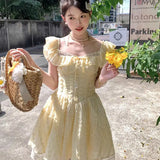 Bonnyshow  Spring New Sweet Girl Super Fairy Fresh Sweet Cute Slimming Cake Dress Bubble Sleeve Chic Yellow A-line Mini Dress for Women