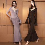Bonnyshow New Long Sleeved Wrapped Chest Long Skirt Fashion Spicy Girl Pleated Set sexy Women's Tight Long Skirt Two Piece Set