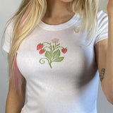 Bonnyshow  Harajuku Aesthetic Strawberry Print Graphic Cute Punk Grunge Baby Tee Vintage Retro Short Sleeve Streetwear T-shirt Y2k Crop Top