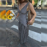 Bonnyshow  Reteo Plaid V Neck Split Sling Dress Women Elegant Splicing Pleated Sleeveless Backless Maxi Gowns Summer Vacation Street Robes
