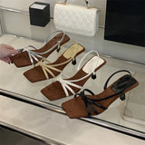 Bonnyshow  New Design Narrow Band Women Sandals Summer Square Open Toe Thin Heels Party Dress Slip-on Ladies Shoes