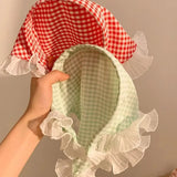 Bonnyshow Korean Plaid Triangle Hair Scarf Women Double Sided Lace Headscarf Summer Sunscreen Girls Headwrap Headband Photo Props