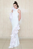 Bonnyshow Demure White Stretchy Long Mermaid Evening Dresses With Ruffles Trimmed Details Sleeveless Evening Gowns