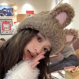Bonnyshow Y2K Rabbit Ears Beanie Cap for Women Winter Warm Plush Knitted Hat Cute Cartoon Fluffy Fur Female Lady Skullies Ski Hats