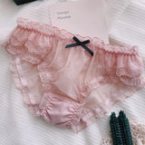 Bonnyshow Sweet Style Lace Panties Hollow Women's Underpants Bow Ruffles Seamless Transparent Underwear Mid-waist Breifs Lingerie