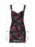 Bonnyshow  Fashion Sleeveless Floral Print Mesh Lace Dresses for Women 2025 Summer Spaghetti Strap Backless Bodycon Mini Party Club Dress