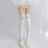 Bonnyshow White Lace Stockings Women Lolita Ribbon Bow Over Knee Socks Cute Sweet Thigh High Sock Girls Kawaii Calf Socks