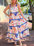 Bonnyshow  Women s Sleeveless Maxi Dress with V-Neckline and Ruffle Detailing Elegant Floral Print Summer Beach Dress