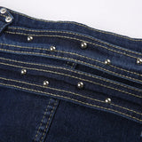 Bonnyshow  High Waisted Zipper Slim Fit Bag Buttocks Splicing Japanese Button Waistband With Heavy Industry Characteristics Trend Dark Blue