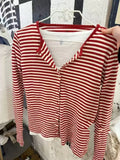 Bonnyshow  Sweet Red Striped Slim Long Sleeve T-shirt Women Preppy Style O-neck Single Breasted Cotton Tee Shirts Cute Basic Simple Top New
