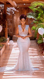 Bonnyshow Luxury Sparkle Lace Long Mermaid Nigerian Evening Dress Sexy Deep V-neck Open Back Aso Ebi Maxi Gowns African Bridal Dress