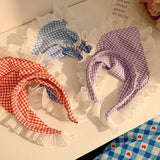 Bonnyshow Korean Plaid Triangle Hair Scarf Women Double Sided Lace Headscarf Summer Sunscreen Girls Headwrap Headband Photo Props