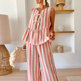 Bonnyshow  Spring Stripe Print Hollow Women Outfit Sexy Front Tie-up Bowknot Vest Top Wide Leg Pant Set Summer Sleeveless Loose Ruffle Suit