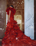 Bonnyshow Vintage Royal Red Asymmetrical Satin Long Evening Dresses With Layered Ruffles Details One Shoulder Long Maxi Gowns