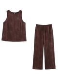 Bonnyshow  Summer Women Casual Vest Set Sleeveless Round Neck Loose Top Brown Jacquard Wide Leg Pant Streetwear Outfit Lady Daily Wear