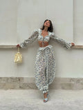 Bonnyshow  Printed Flare Sleeve Women 's Pant Set Square Collar Bandage Lace Up Crop Top High Waist Jogger Pants Female Sets Lady Outfits