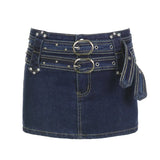 Bonnyshow  High Waisted Zipper Slim Fit Bag Buttocks Splicing Japanese Button Waistband With Heavy Industry Characteristics Trend Dark Blue