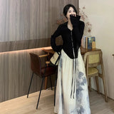 Bonnyshow New Chinese Style Ink Wash Painting Pants Skirt Women Summer New Elastic Waist Trousers Y2k Straight Loose Wide Leg Pants