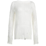 Bonnyshow  Summer New Style Vintage Ripped Hole Grunge Sweater Women Casual Loose Jumper Solid Long Pullovers Knitted Hollow Out Holidays