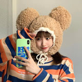 Bonnyshow Cute Big Ear Bear Plush Hat Women Winter Thicken Lamb Cashmere Earmuffs Cap Female Lady Solid Color Cartoon Fluffy Bomber Hats