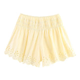Bonnyshow  New 2025 Elastic High Waist Embroidered Shorts Women Yellow Holiday Casual Summer pantalones cortos