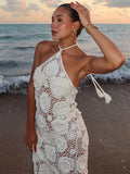 Bonnyshow  Retro Knitted Hollow Halter Beach Dress Lady Sexy Backless Sleeveless Lace Up Slim White Long Dresses Female Summer Chic Holiday