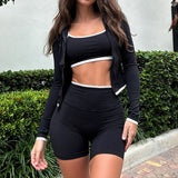 Bonnyshow  Sporty Casual Three Piece Suit Women Turtleneck Zipper Full Sleeve Coat+sleeveless camisole+High-waisted Elastic Shorts