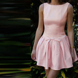 Bonnyshow  Elegant Sleeveless Bow Pleated Mini Dress For Women Spring 2025 Featuring Hip Hugging Slim Fit Backless Party Vestidos
