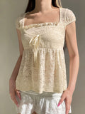 Bonnyshow  Fashion Lace Sheer Chic Summer New Women T-Shirts Fake 2 Piece Sweet Cute Bow Solid Blouses