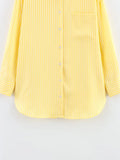 Bonnyshow  Women Oversize Yellow Striped Shirt Front Patch Pocket Long Sleeve Lapel Collar Streetwear Blouse Loose Lady Shirts
