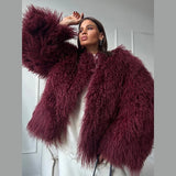 Bonnyshow Luxury Retro Faux Fur Women's Coat Winter Warm Thick Windproof Coats Fashion Plush Solid Color Round Neck Women Outerwears