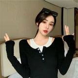 Bonnyshow T-shirts Women Inside Fake Two Pieces Stylish Retro Crops Sexy Ladies Harajuku Casual Spring Fall Ulzzang Student Elegant Ropa