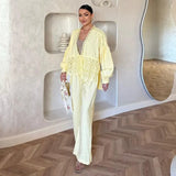 Bonnyshow  Casual Deep V-neck Shirt Long Pant Set Women Fashion Solid Flowers Lace Up Shirts Straight Pants Sets Lady 2025 Chic Streetwear