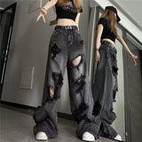 Bonnyshow Vintage High Waist Denim Pants Ripped Jeans Women Fashion Loose Wide Leg Straight Pants Y2k Washed Streetwear Female