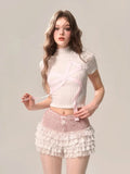 Bonnyshow  Women Summer Half High Collar Short-sleeved Bow Short T-shirts + College Style Girlish Spliced Lace Cake Culottes Two-piece Set