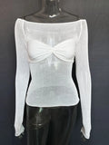 Bonnyshow Sheer Off-Shoulder Top Shirt for Women New Long Sleeve See-Through Lace Knit Pullover Tops Summer Mesh Top Tee Shirt