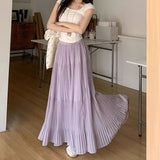 Bonnyshow  French Elegance Women Midi Skirts Y2K Summer Streetwear Patchwork A Line Pleated Skirts High Waist Loose All-Match Long Skirts