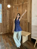 Bonnyshow  French Blue Floral Neck Sling Women'S Fashion Backless V-Neck Vacation Leisure Mid Length Hanging Neck Dress New